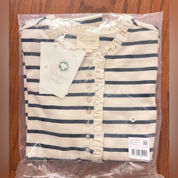 Sezane Gael Mariniere Striped Long Sleeve Top with Ruffles - Picture 10 of 12